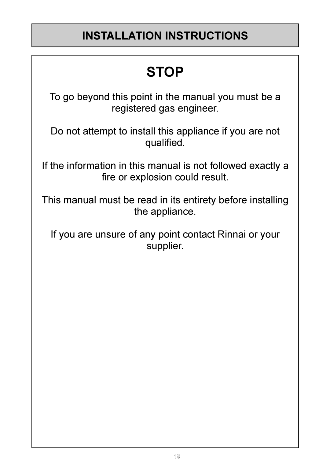 Rinnai REU - 16 FUA - E user manual Stop, Installation Instructions 