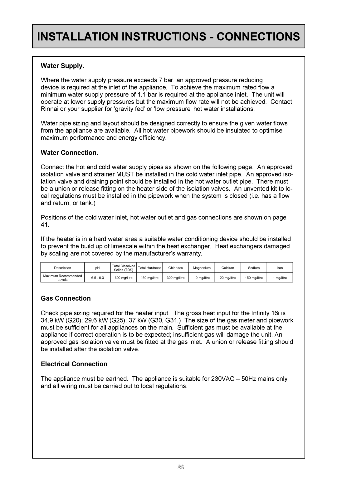 Rinnai REU - 16 FUA - E user manual Installation Instructions Connections, Water Supply, Water Connection, Gas Connection 