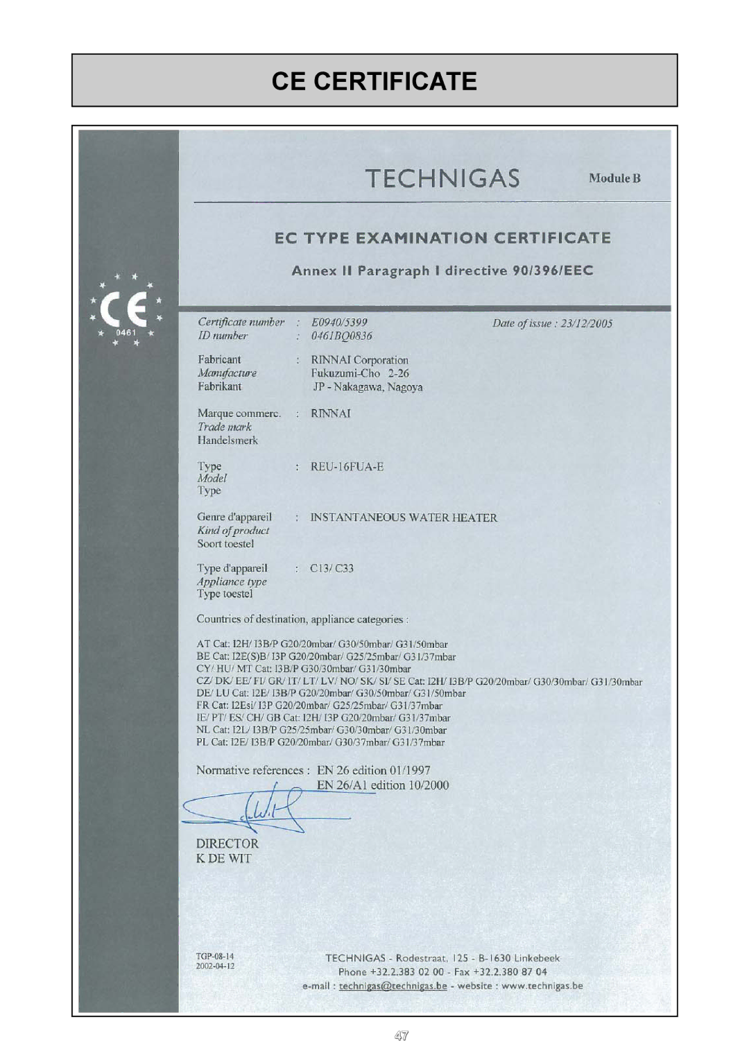 Rinnai REU - 16 FUA - E user manual CE Certificate 