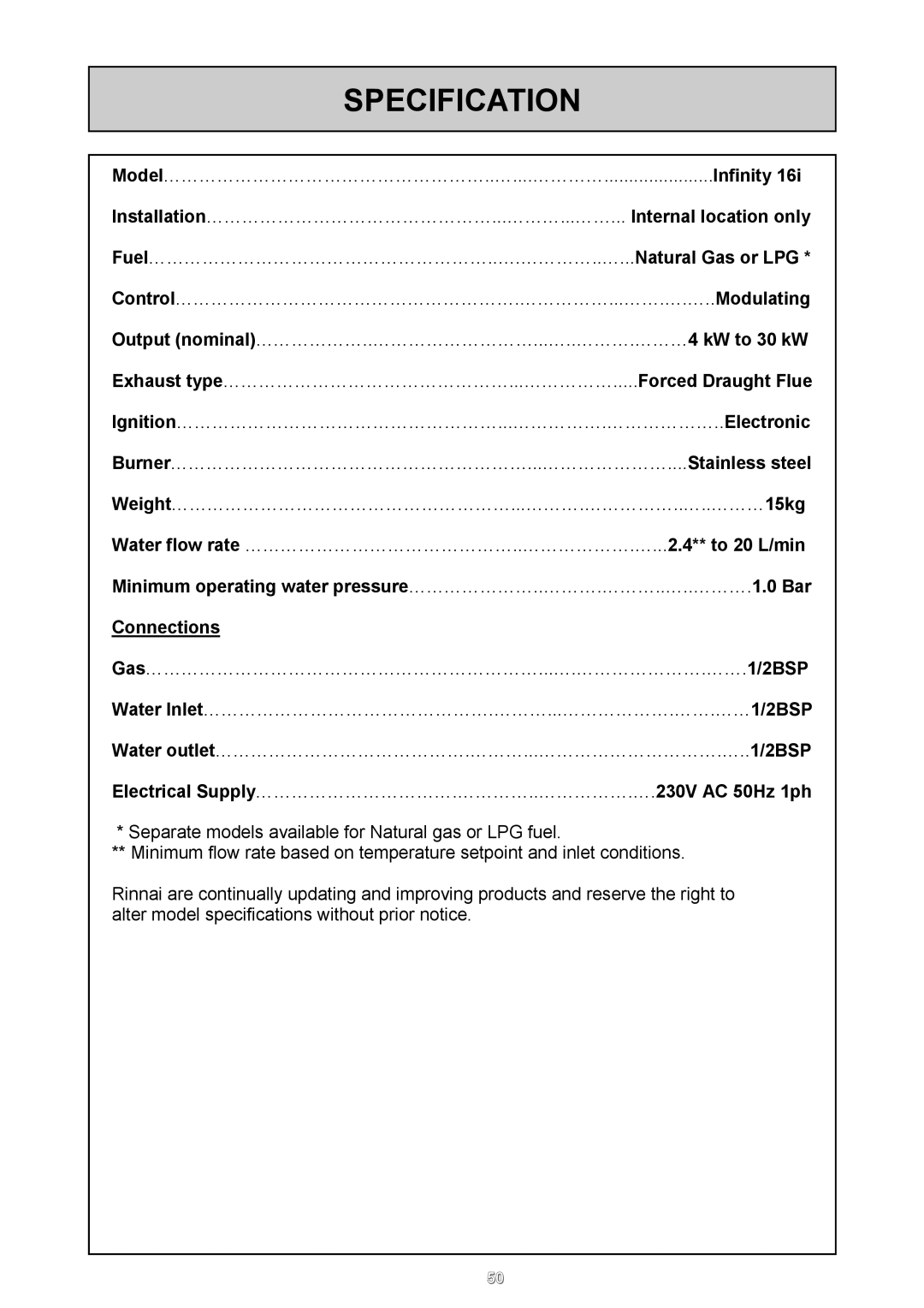 Rinnai REU - 16 FUA - E user manual Specification, Electrical Supply…………………………….…………..…………….….230V AC 50Hz 1ph 