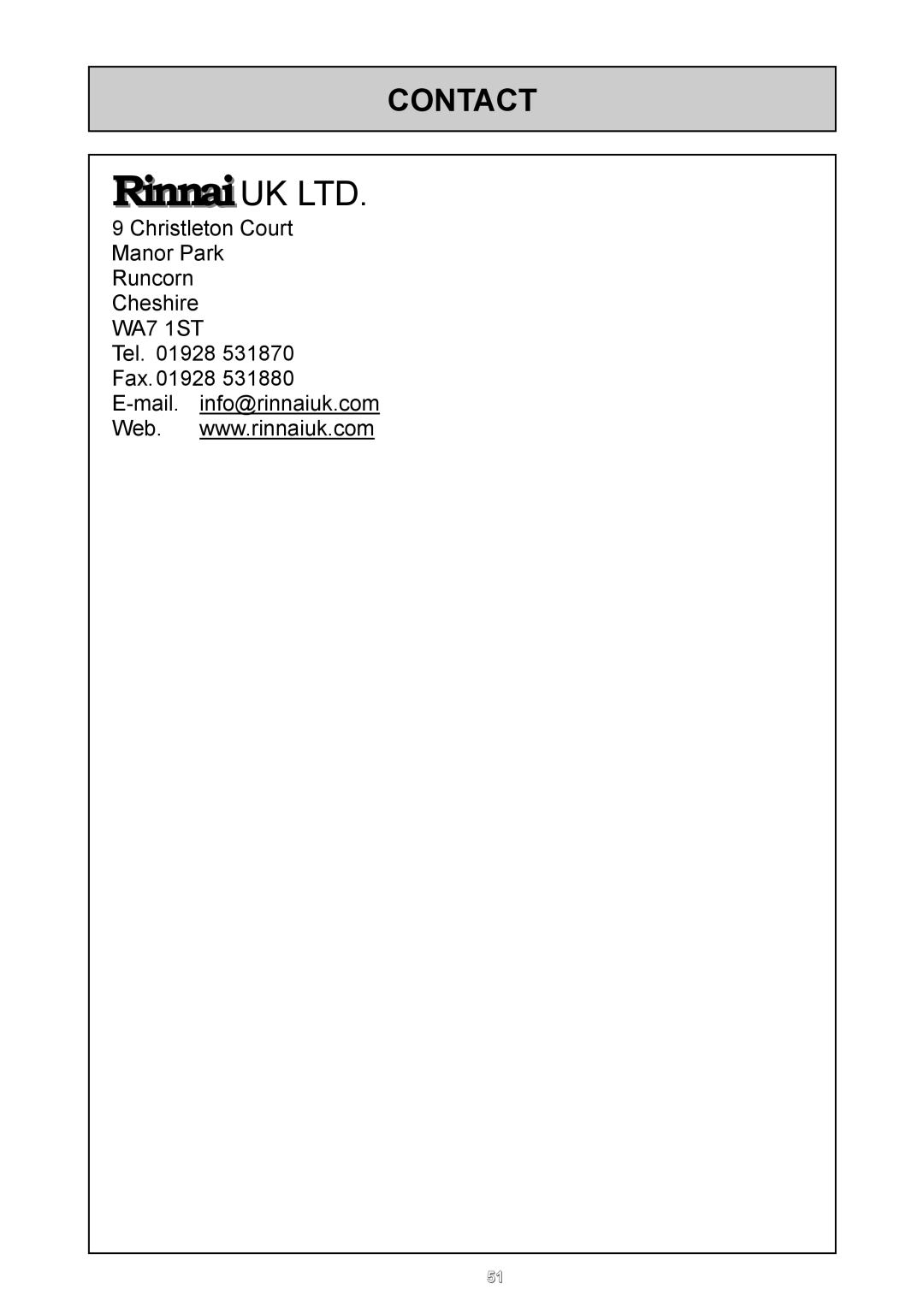 Rinnai REU - 16 FUA - E user manual Contact 