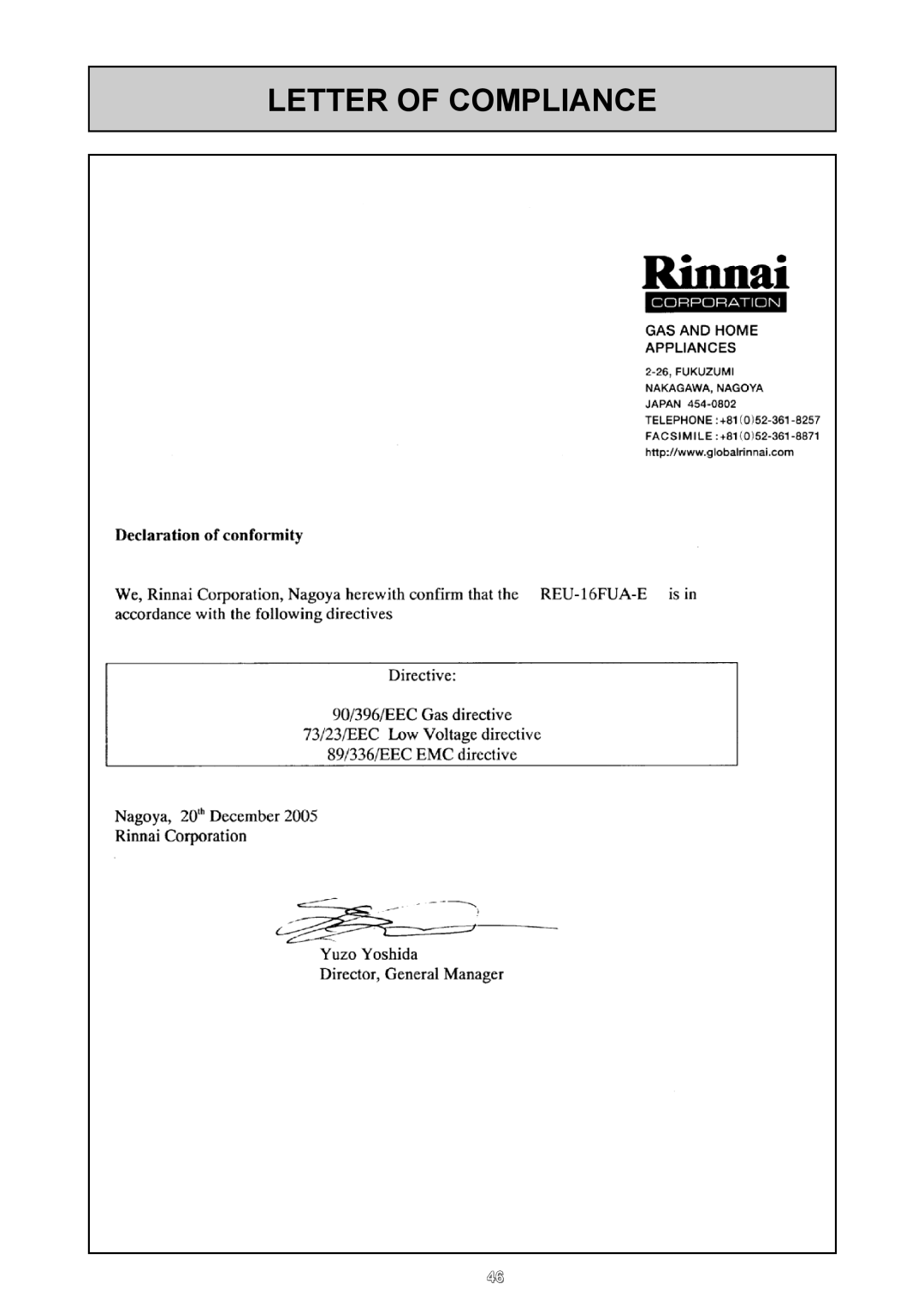 Rinnai REU - 16 FUA - E user manual Letter Of Compliance 