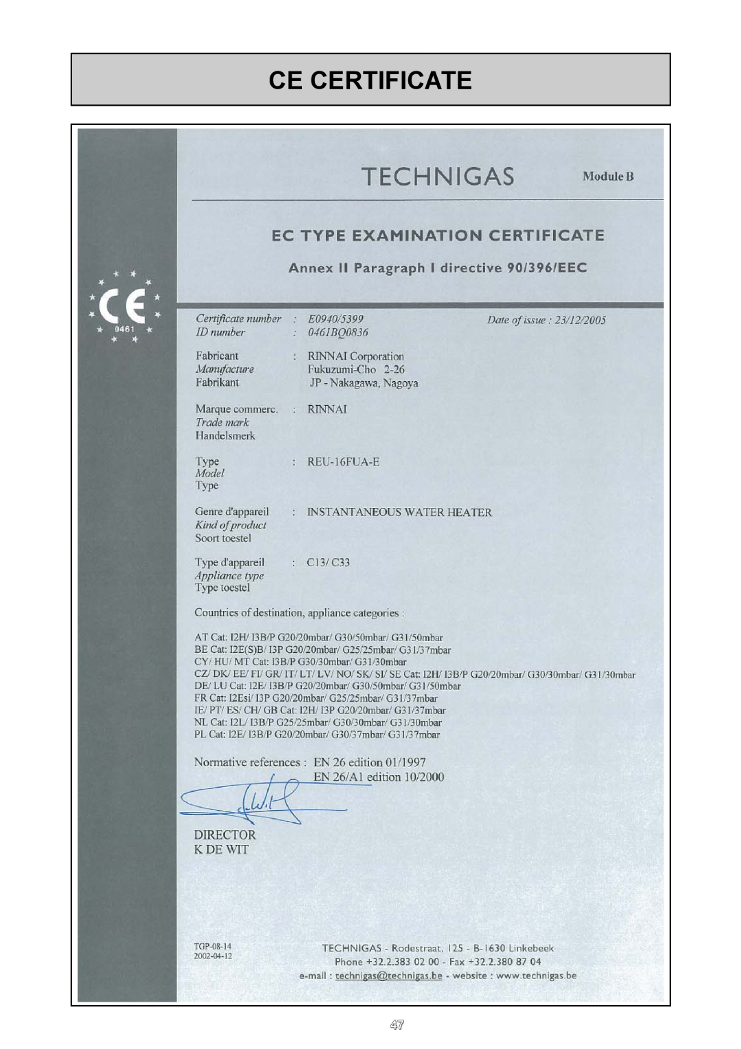 Rinnai REU - 16 FUA - E user manual Ce Certificate 