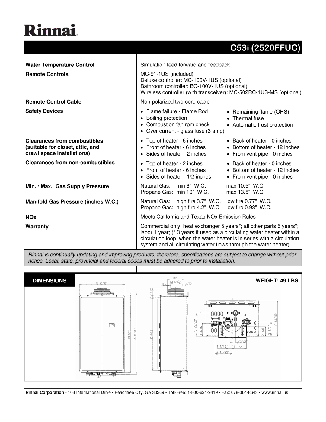 Rinnai REU-V2520FFUC-US manual Dimensions Weight 49 LBS 