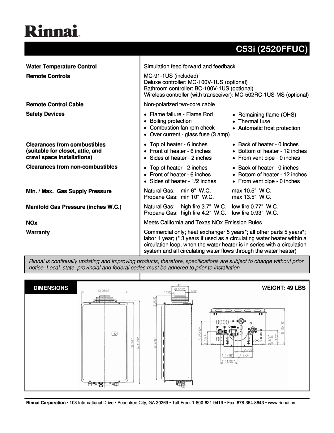 Rinnai REU-V2520FFUC-US manual Dimensions, WEIGHT 49 LBS, C53i 2520FFUC, Water Temperature Control Remote Controls 