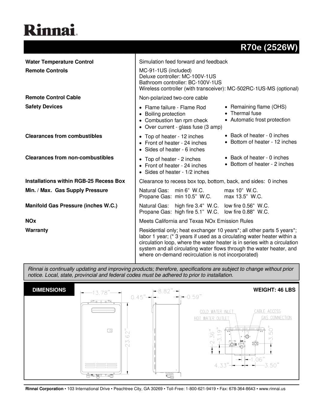 Rinnai REU-V2526W-US manual Water Temperature Control Remote Controls, Dimensions 