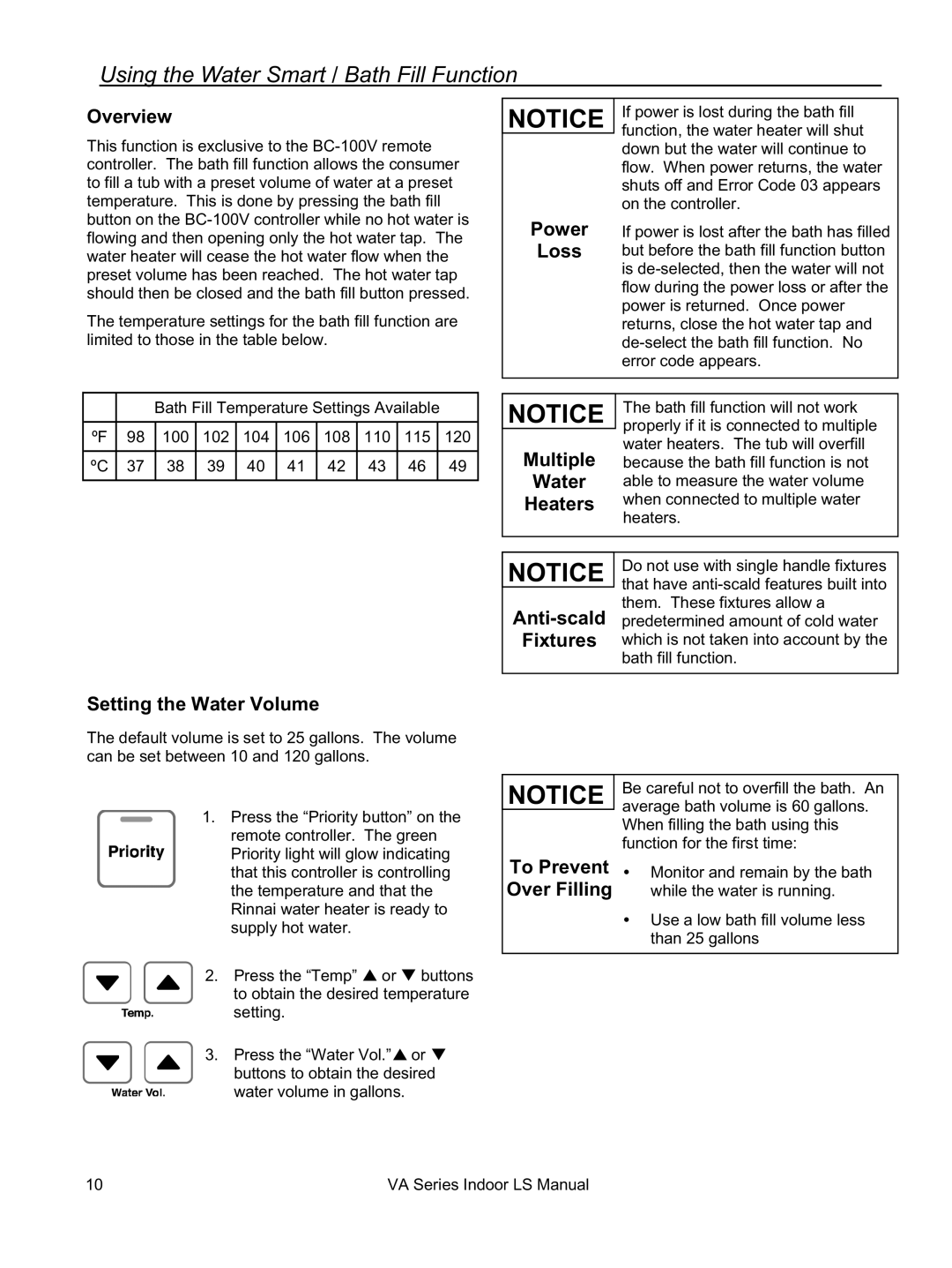 Rinnai REU-VA3237FFU installation manual Using the Water Smart / Bath Fill Function, Overview, Setting the Water Volume 