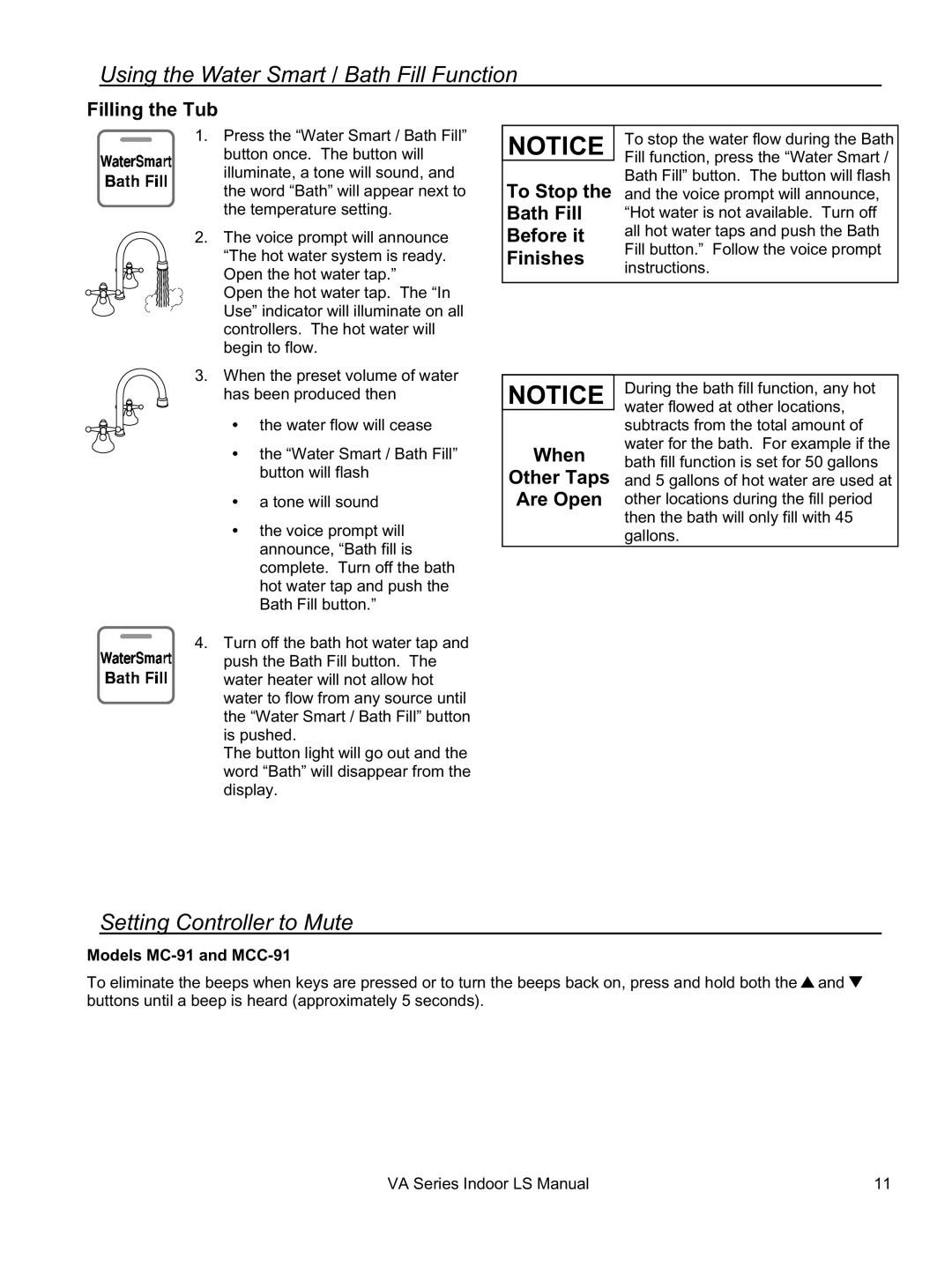 Rinnai REU-VA3237FFU installation manual Setting Controller to Mute, Filling the Tub, Models MC-91 and MCC-91 