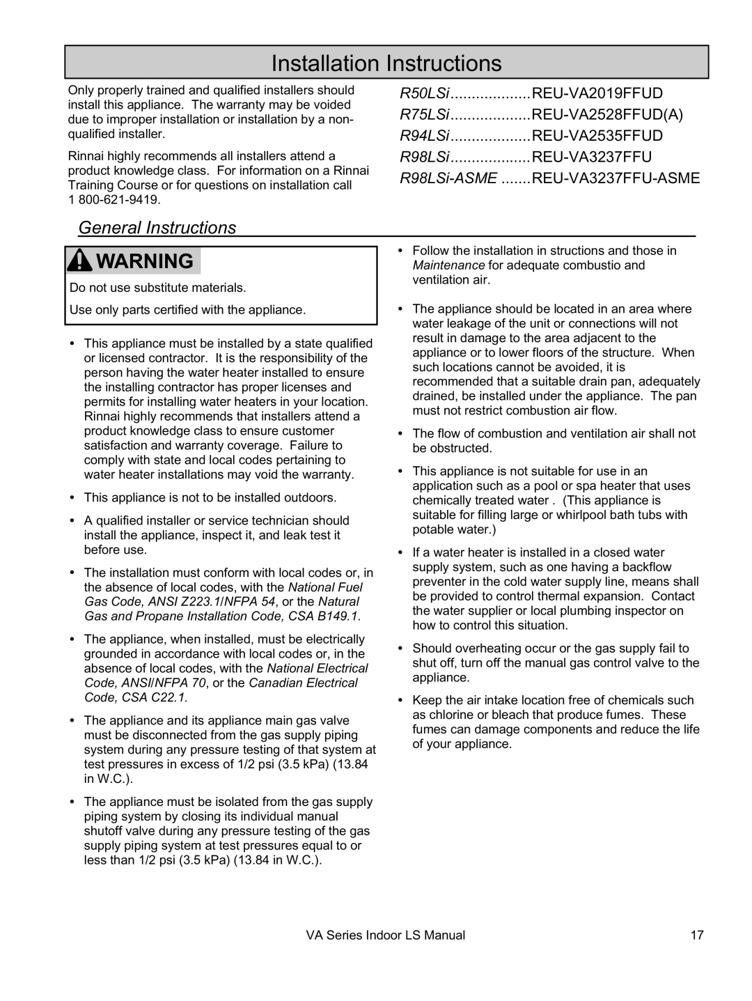 Rinnai REU-VA3237FFU installation manual Installation Instructions, General Instructions 