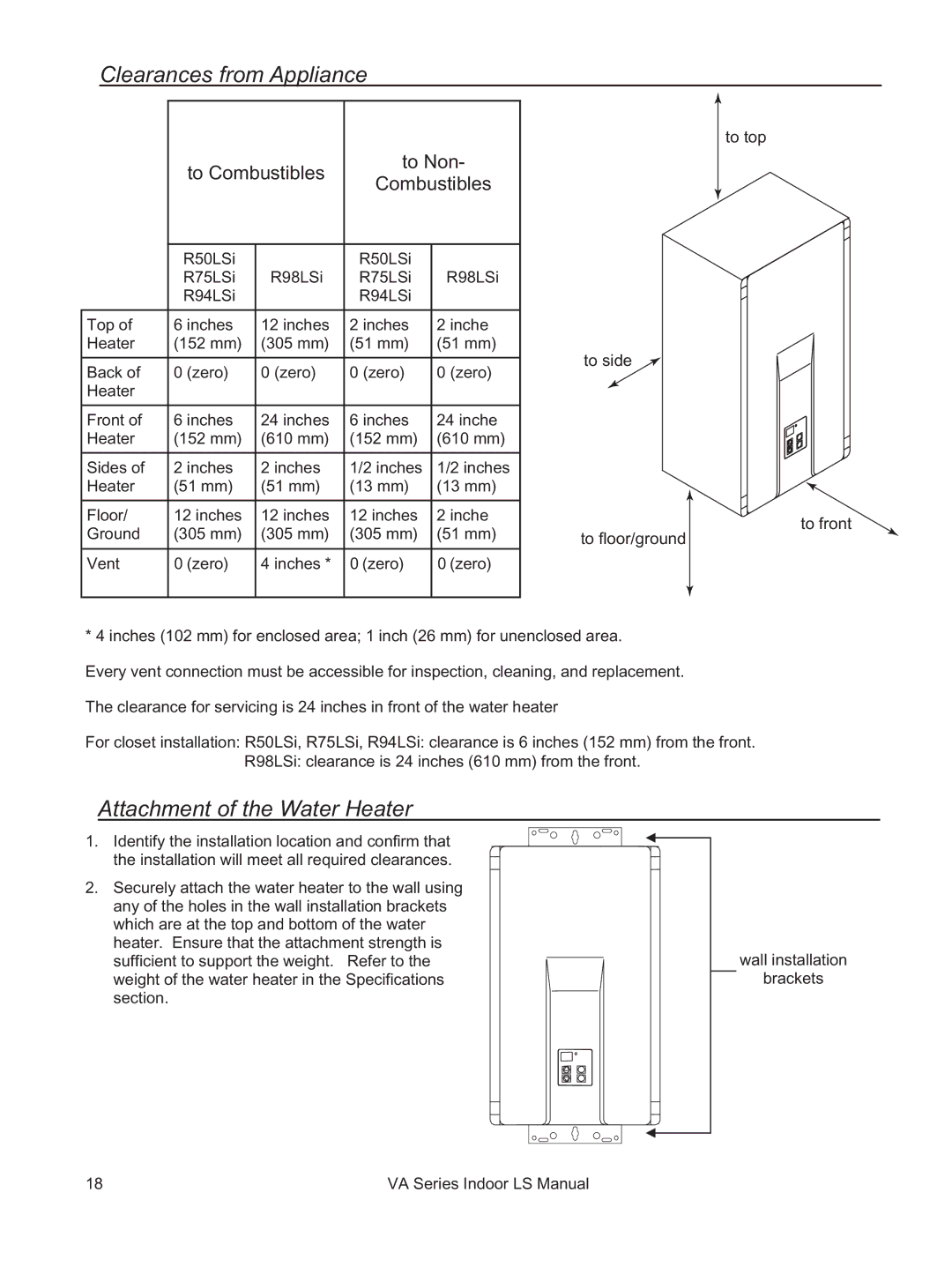 Rinnai REU-VA3237FFU installation manual Clearances from Appliance, Attachment of the Water Heater 