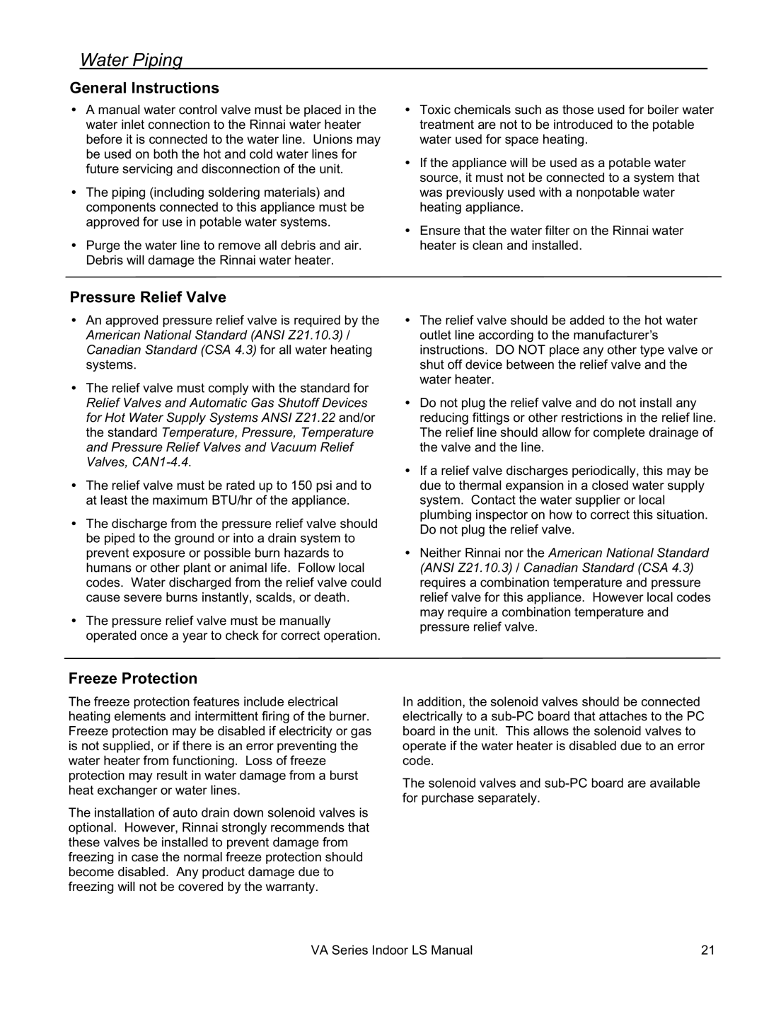 Rinnai REU-VA3237FFU installation manual Water Piping, Pressure Relief Valve, Freeze Protection 