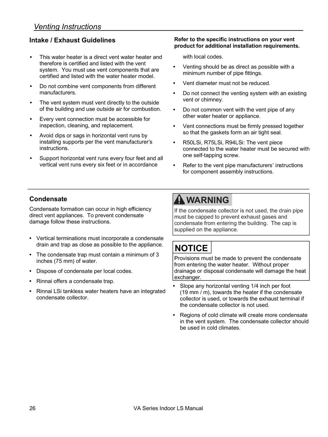 Rinnai REU-VA3237FFU installation manual Venting Instructions, Intake / Exhaust Guidelines, Condensate 