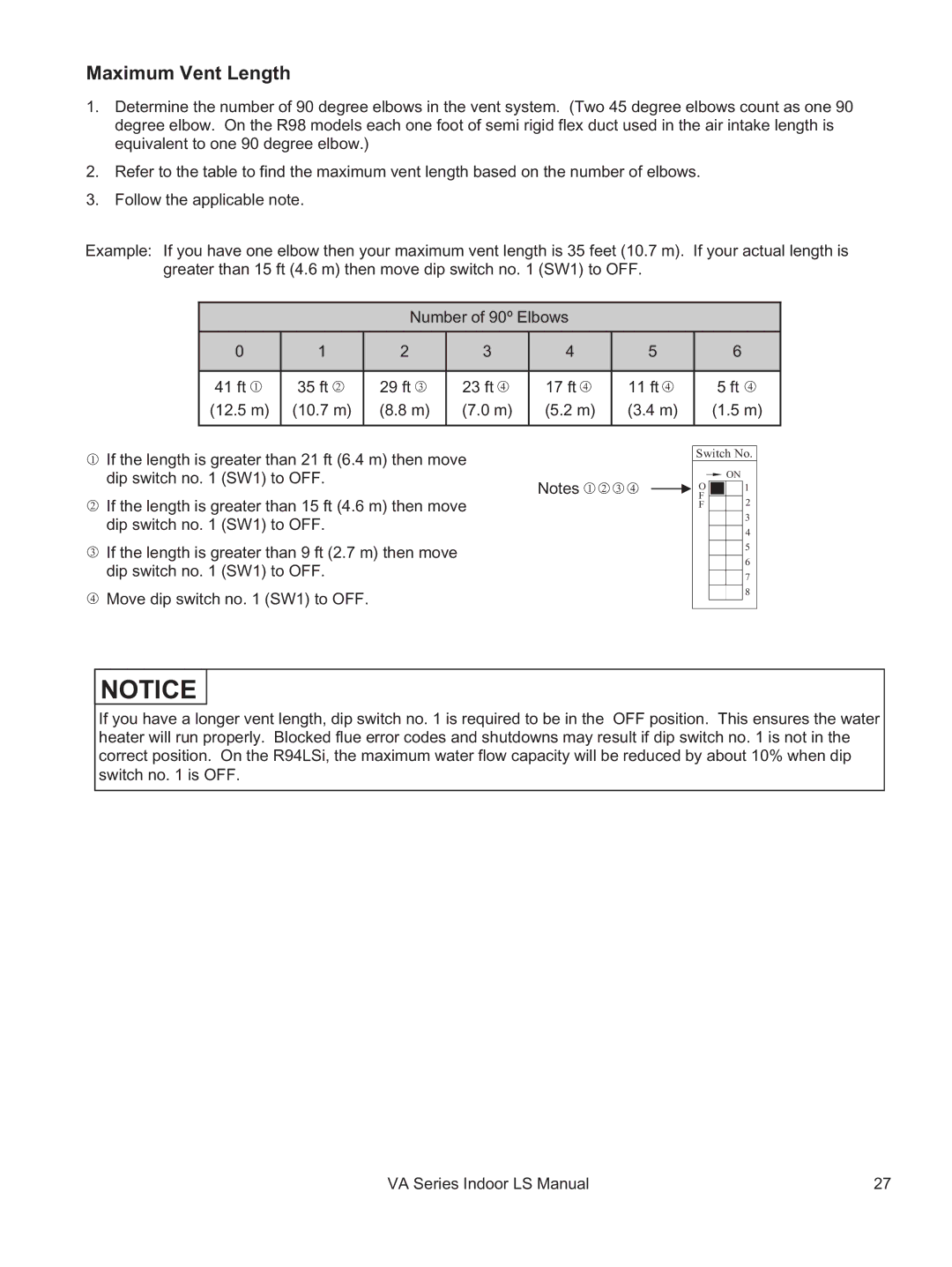 Rinnai REU-VA3237FFU installation manual Maximum Vent Length 