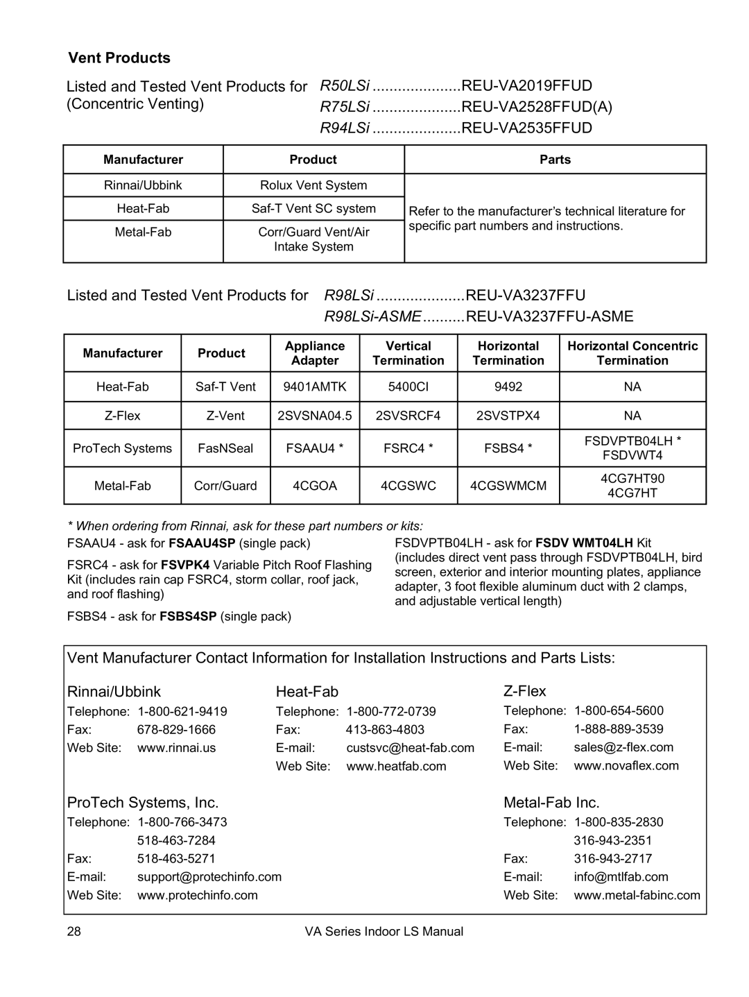 Rinnai REU-VA3237FFU installation manual Vent Products, Manufacturer Product Parts, Termination 