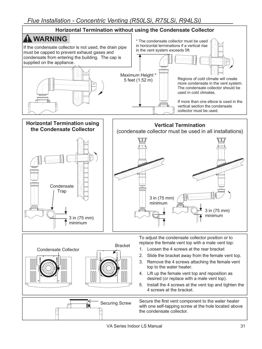 Rinnai REU-VA3237FFU installation manual Flue Installation Concentric Venting R50LSi, R75LSi, R94LSi 