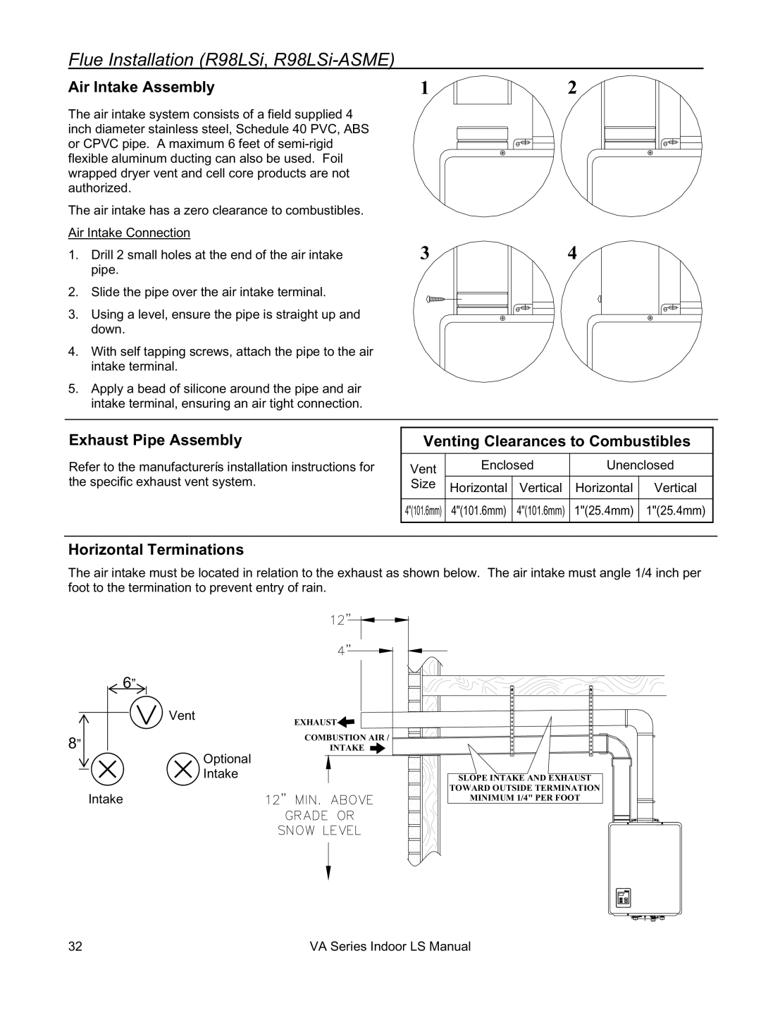 Rinnai REU-VA3237FFU installation manual Flue Installation R98LSi, R98LSi-ASME, Air Intake Assembly, Exhaust Pipe Assembly 