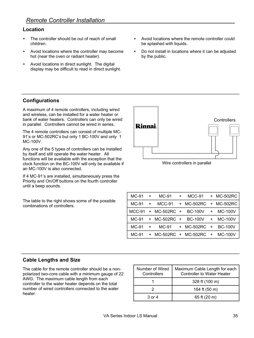 Rinnai REU-VA3237FFU installation manual Remote Controller Installation, Location, Configurations, Cable Lengths and Size 