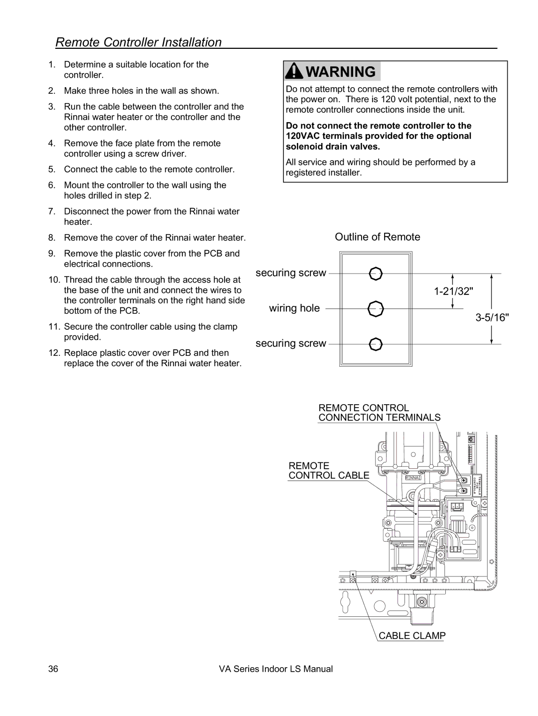 Rinnai REU-VA3237FFU installation manual Securing screw Wiring hole 21/32 