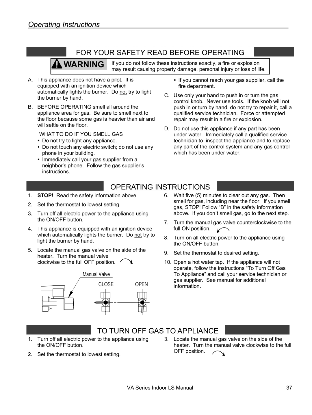 Rinnai REU-VA3237FFU installation manual Operating Instructions, For Your Safety Read Before Operating 