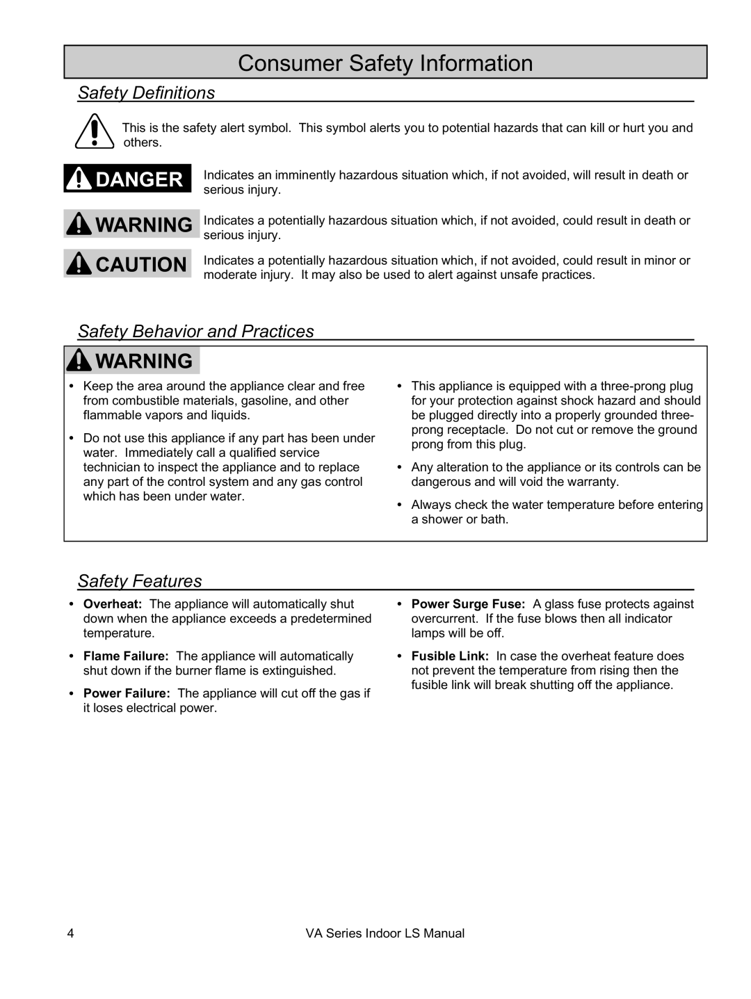 Rinnai REU-VA3237FFU Consumer Safety Information, Safety Definitions, Safety Behavior and Practices Safety Features 