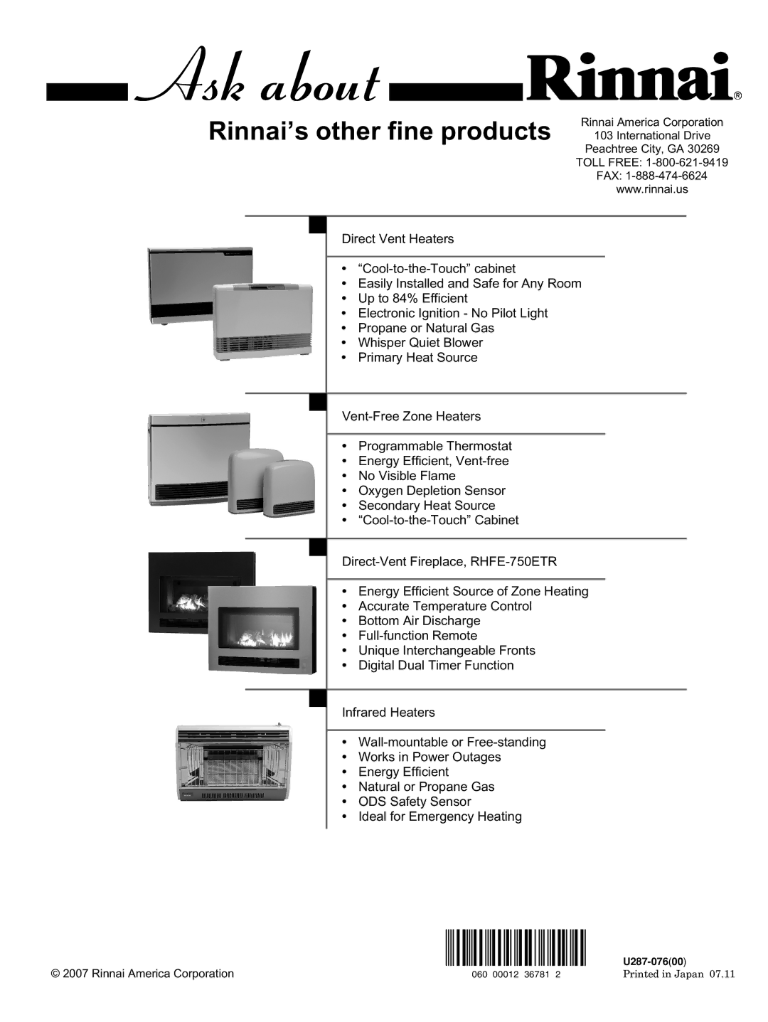 Rinnai REU-VA3237FFU installation manual Rinnai’s other fine products 103 International Drive 