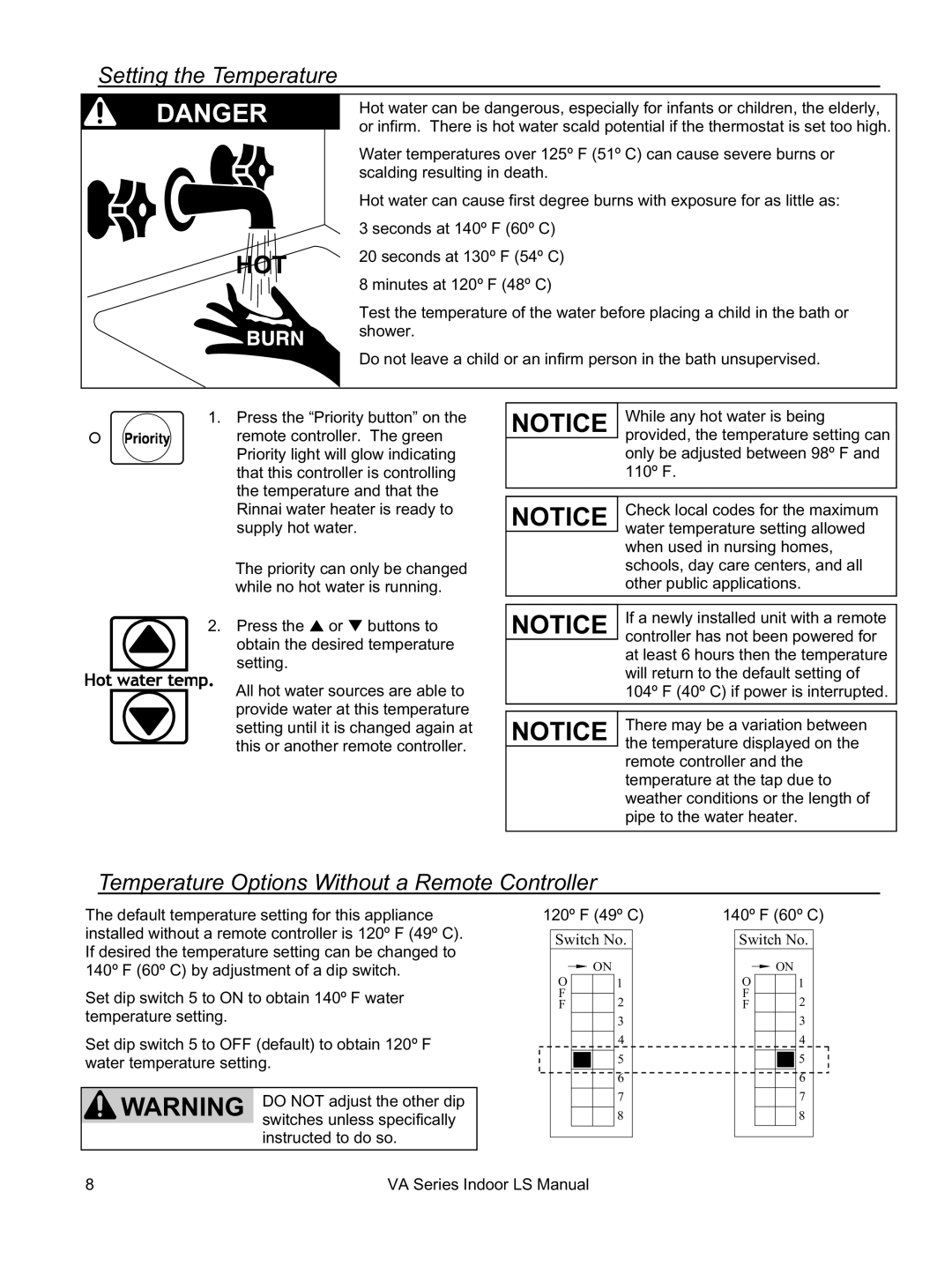 Rinnai REU-VA3237FFU installation manual Setting the Temperature, Temperature Options Without a Remote Controller 