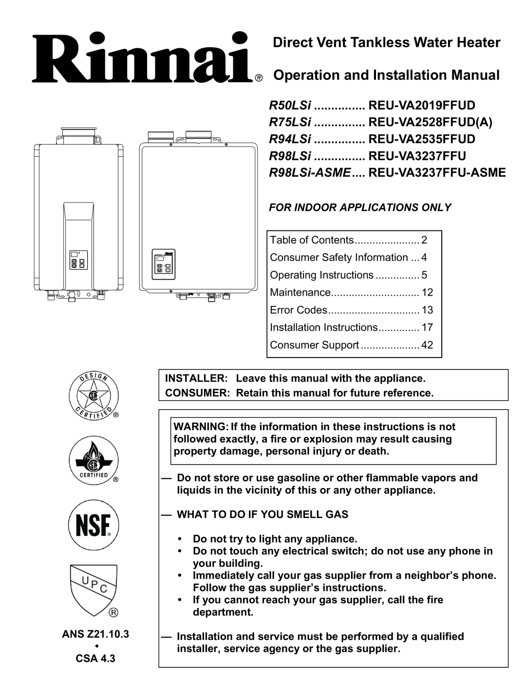 Rinnai REU-VA3237FFU installation manual Direct Vent Tankless Water Heater, Operation and Installation Manual, R50LSi 