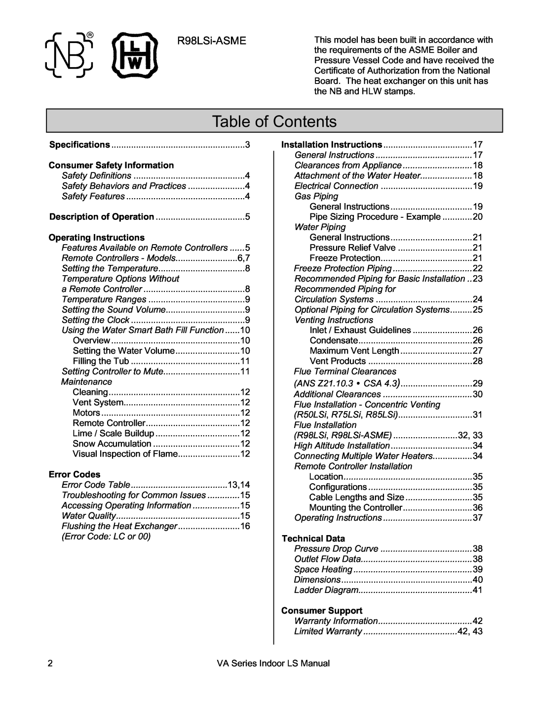 Rinnai REU-VA3237FFU installation manual Table of Contents, R98LSi-ASME 