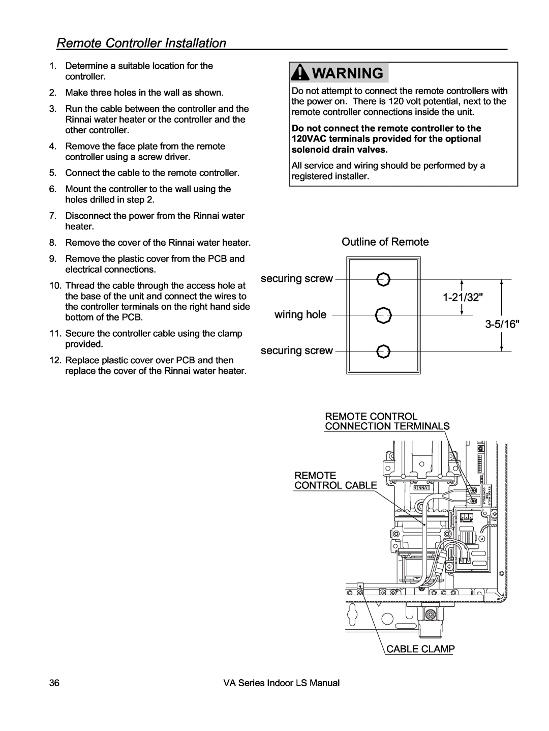 Rinnai REU-VA3237FFU Remote Controller Installation, Outline of Remote, securing screw wiring hole securing screw 