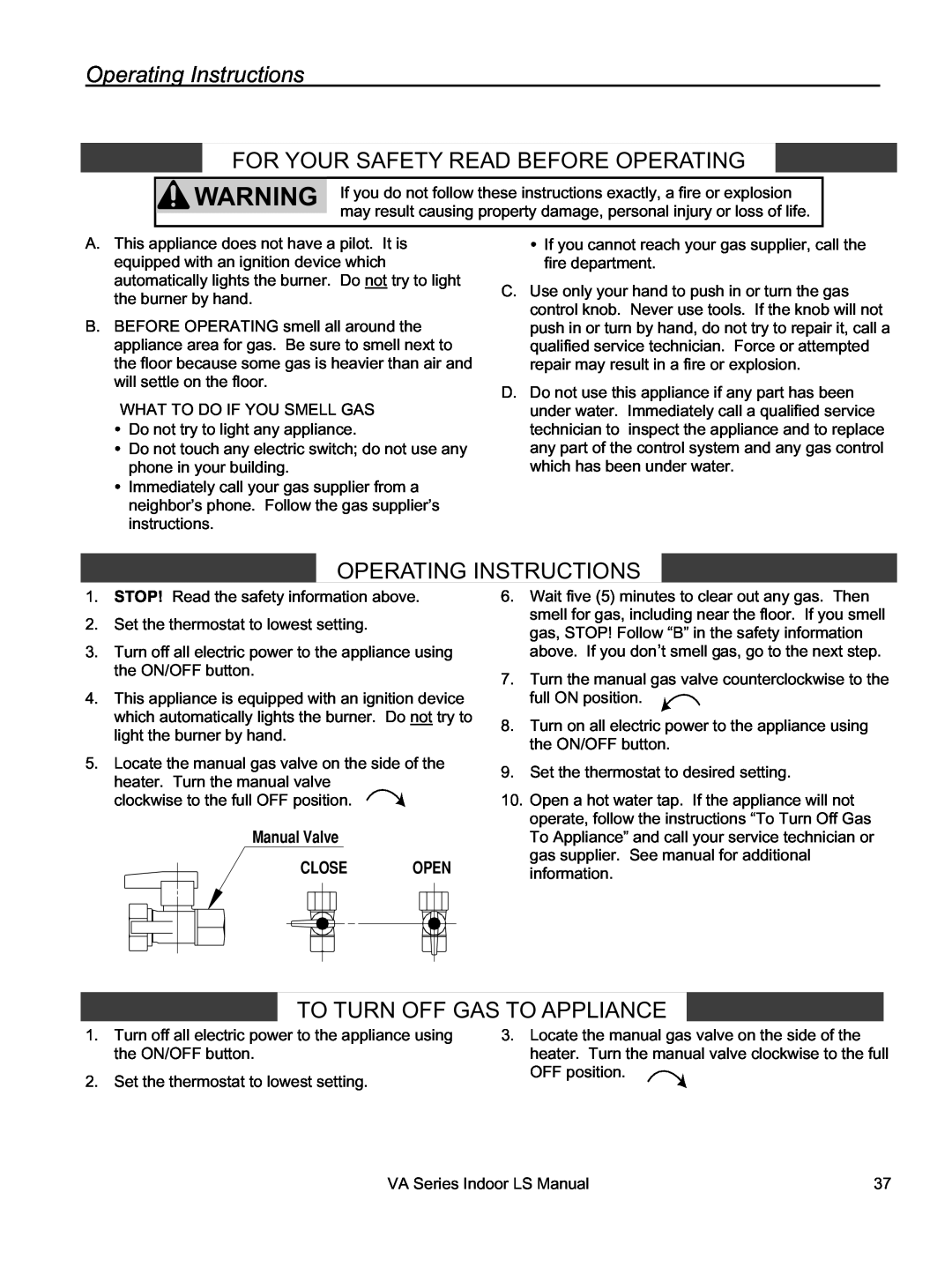 Rinnai REU-VA3237FFU Operating Instructions, For Your Safety Read Before Operating, To Turn Off Gas To Appliance 
