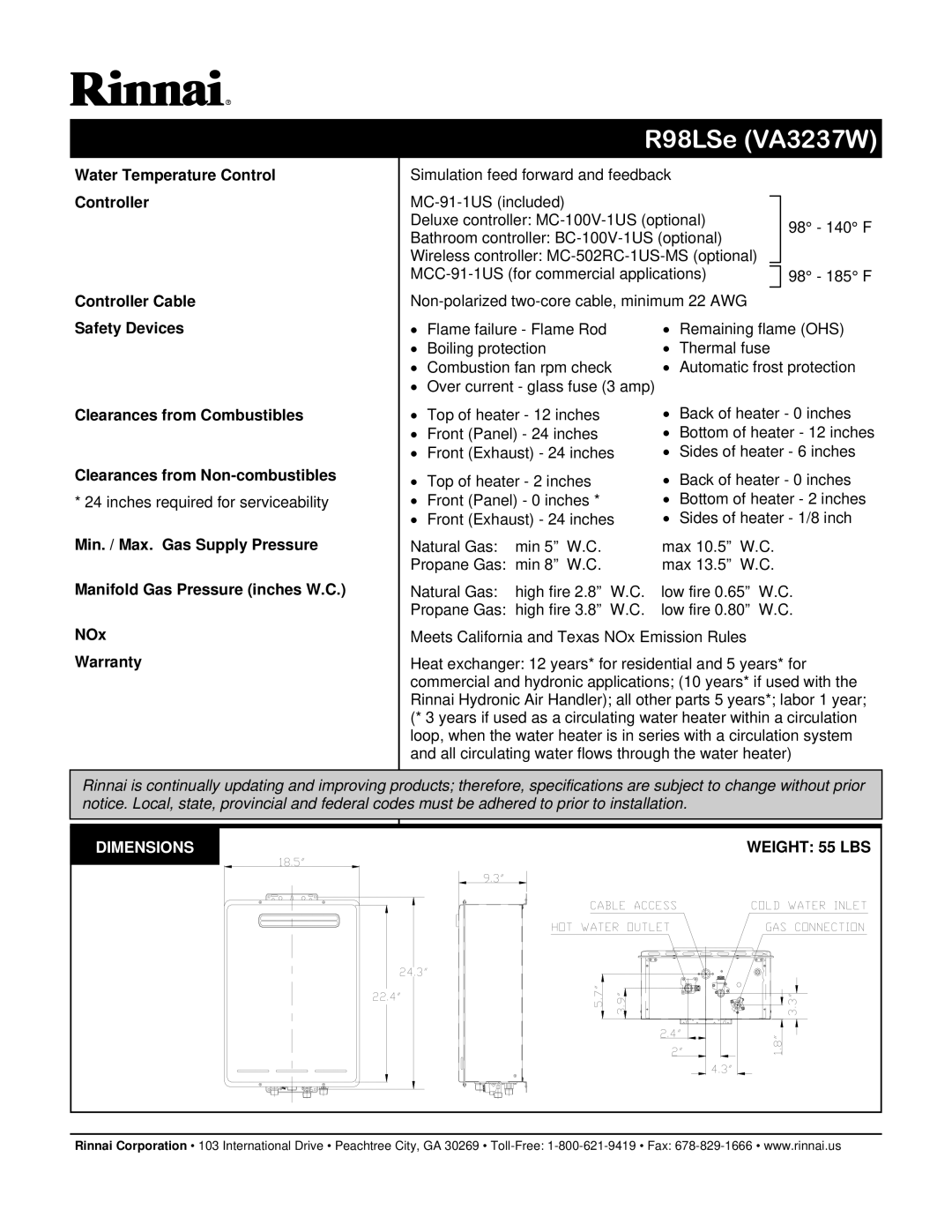 Rinnai REU-VA3237W manual Water Temperature Control Controller Controller Cable, NOx Warranty 