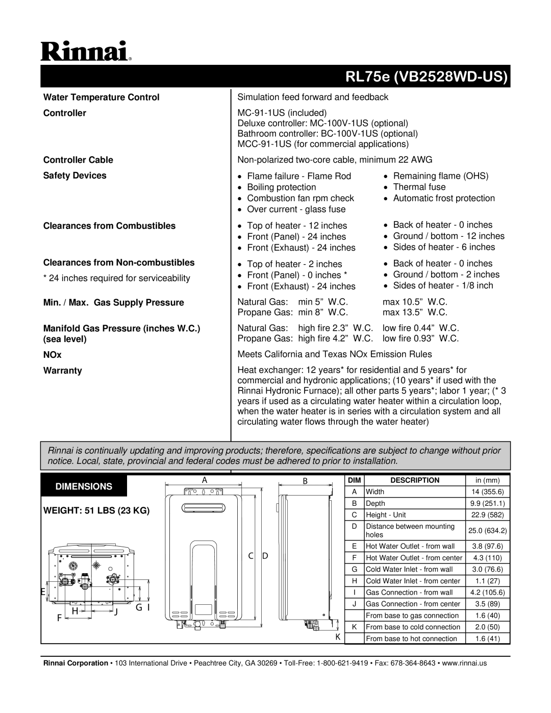 Rinnai REU-VB2528WD-US manual NOx Warranty, Dimensions, Weight 51 LBS 23 KG 