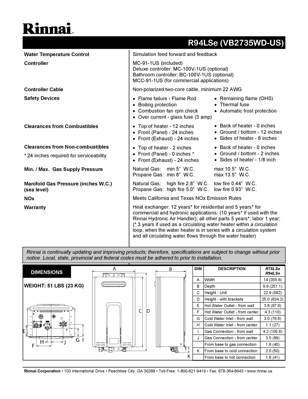 Rinnai REU-VB2735WD-US manual Dimensions, Weight 51 LBS 23 KG 