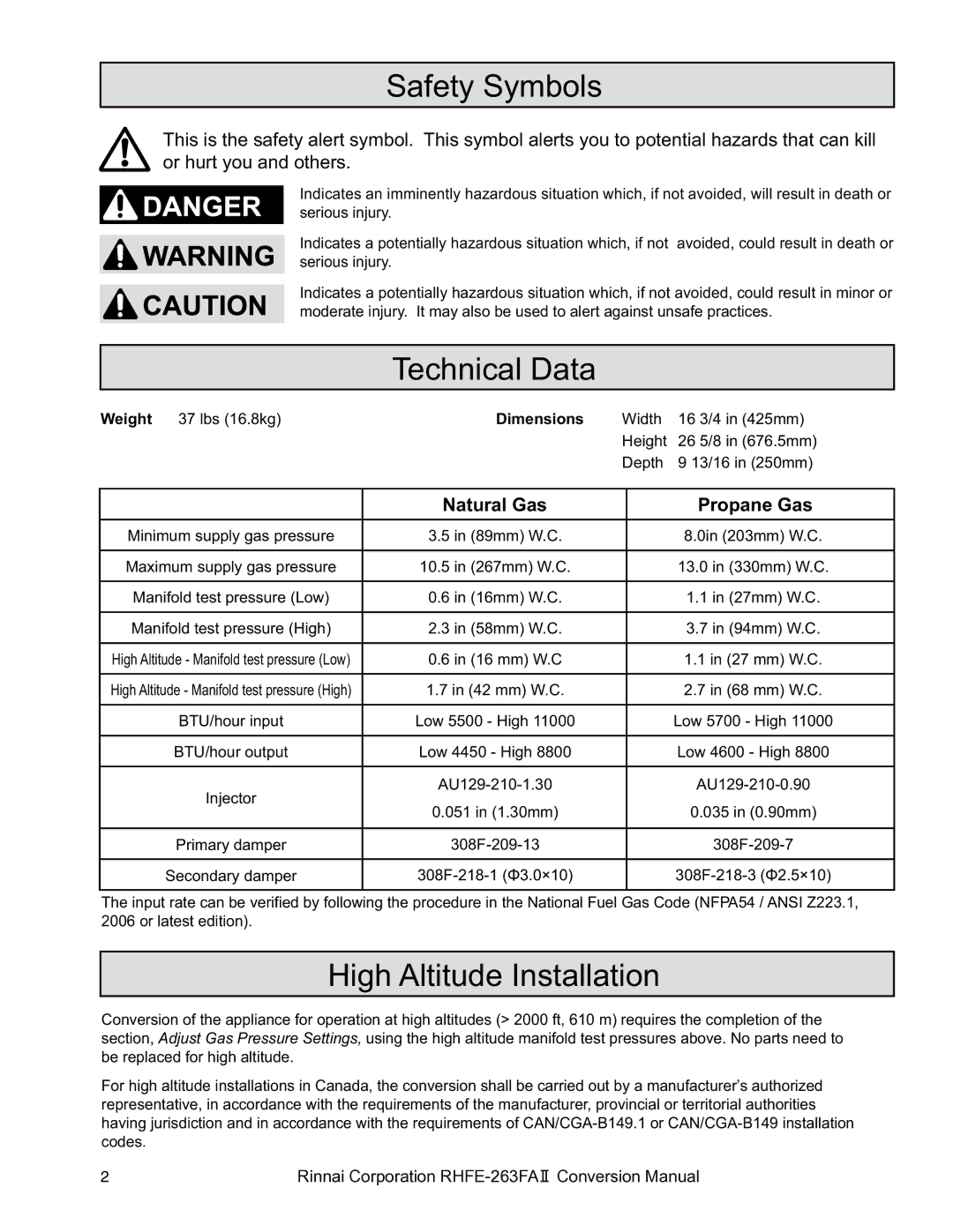 Rinnai RHFE-263FA II manual Safety Symbols, Technical Data, High Altitude Installation 