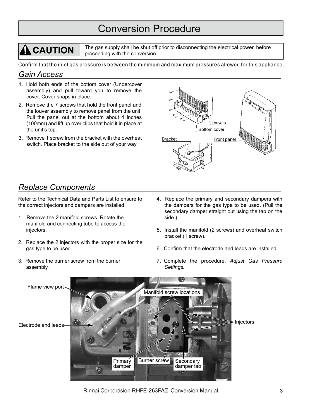 Rinnai RHFE-263FA II manual Conversion Procedure, Gain Access, Replace Components 