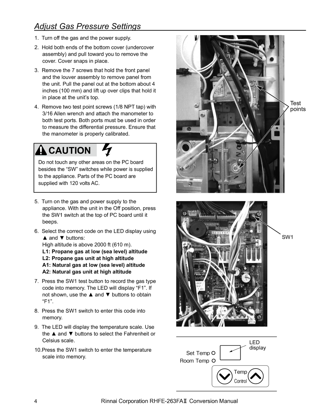 Rinnai RHFE-263FA II manual Adjust Gas Pressure Settings 