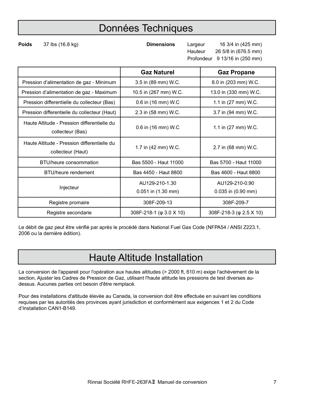 Rinnai RHFE-263FA II manual Données Techniques, Haute Altitude Installation 