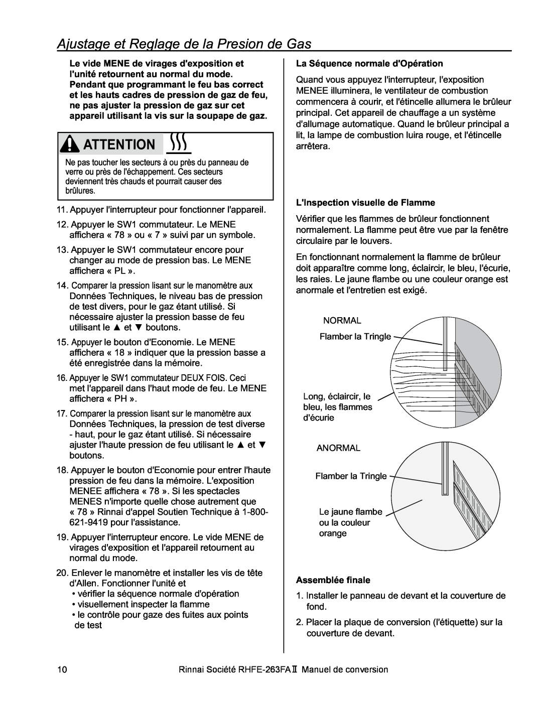 Rinnai RHFE-263FA II manual Ajustage et Reglage de la Presion de Gas, La Séquence normale dOpération, Assemblée finale 