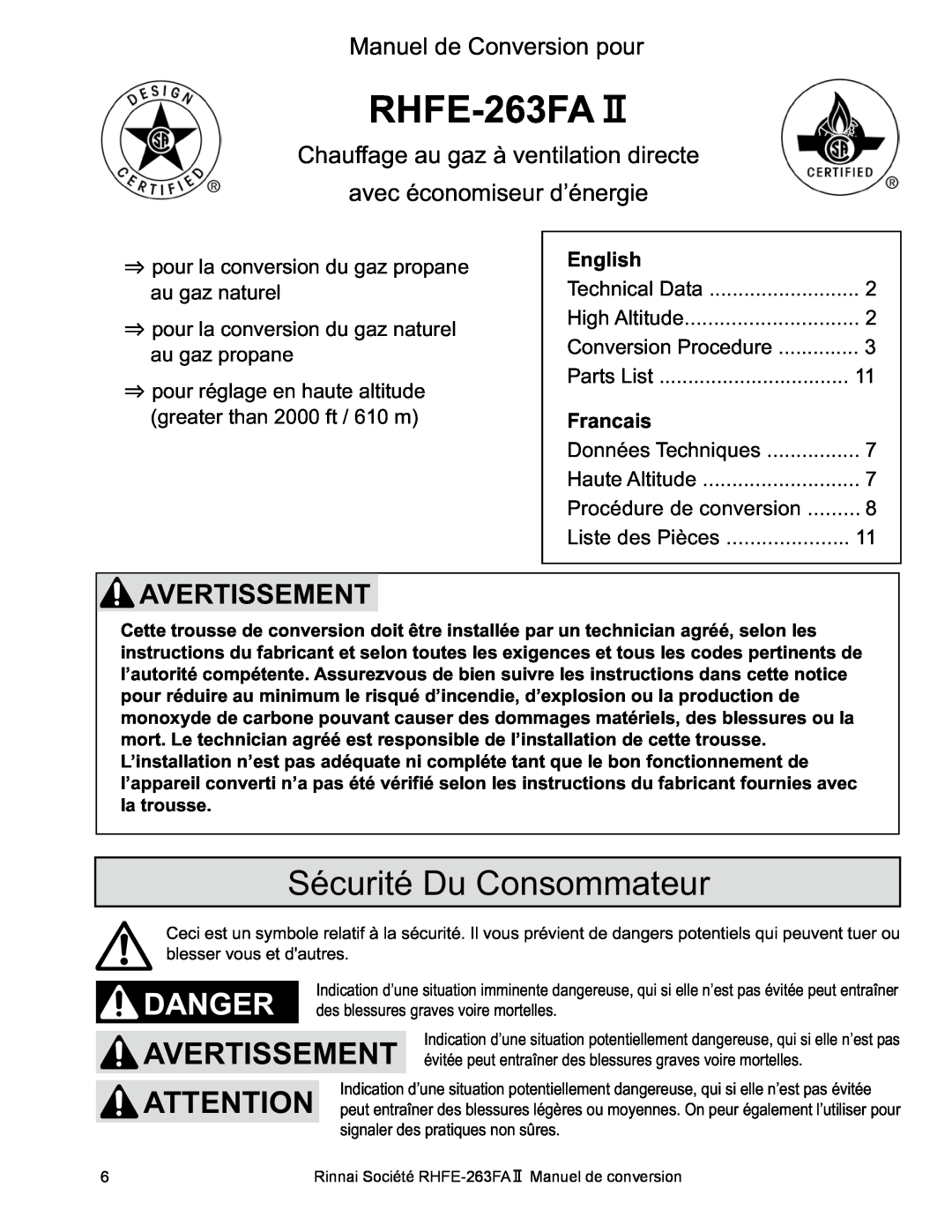 Rinnai RHFE-263FA II manual RHFE-263FAⅡ, Sécurité Du Consommateur, Avertissement, Manuel de Conversion pour 