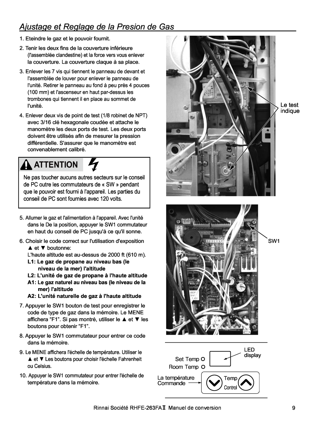 Rinnai RHFE-263FA II manual Ajustage et Reglage de la Presion de Gas, Le test indique 
