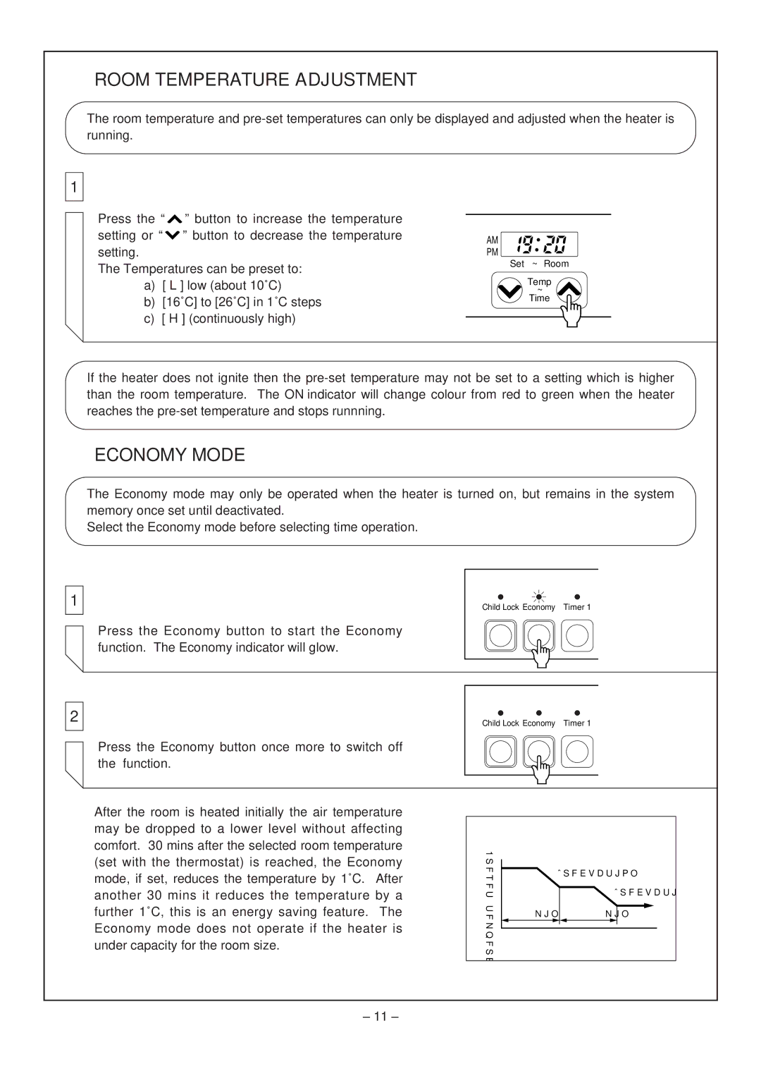 Rinnai RHFE-308 FTR user manual Room Temperature Adjustment, Economy Mode 