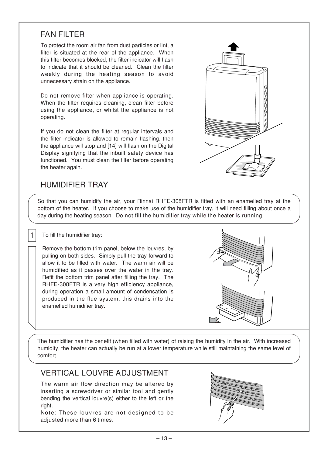 Rinnai RHFE-308 FTR user manual FAN Filter, Humidifier Tray, Vertical Louvre Adjustment 