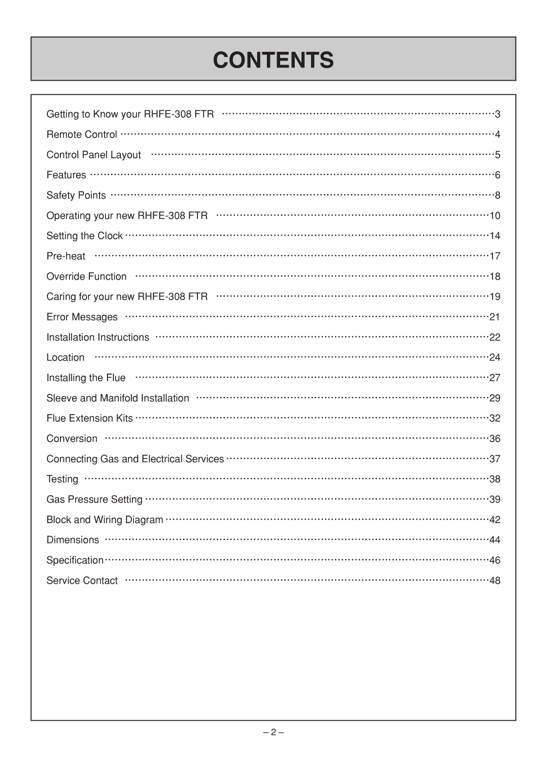 Rinnai RHFE-308 FTR user manual Contents 