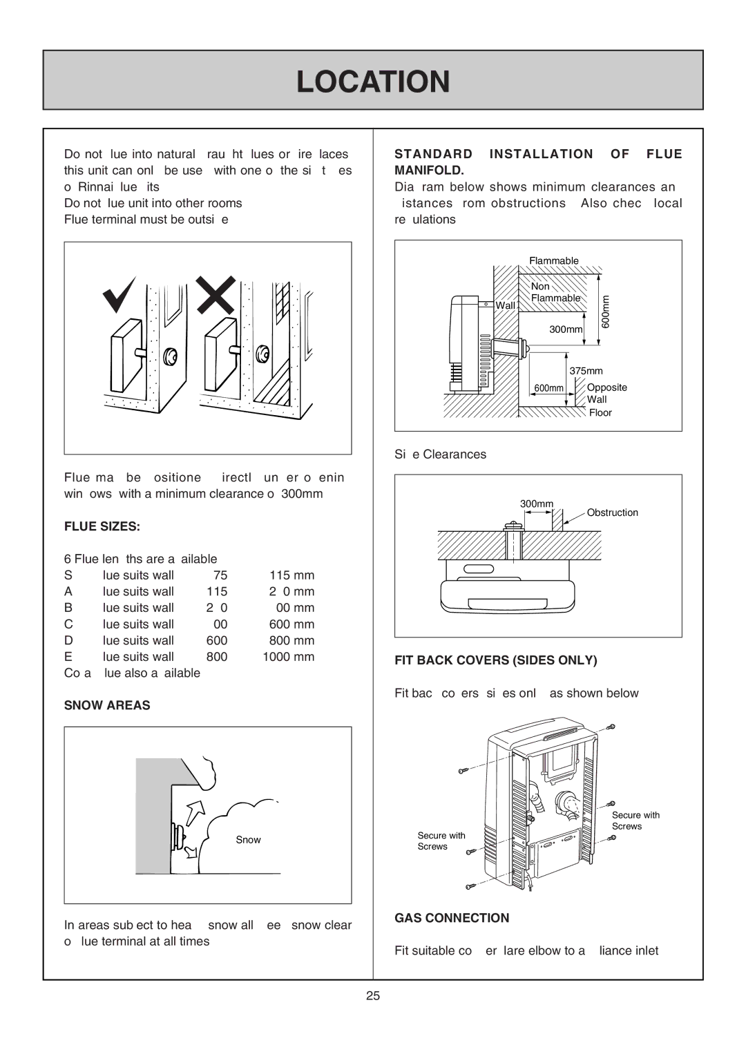 Rinnai RHFE-308 FTR user manual Flue Sizes, Snow Areas, Standard Installation of Flue Manifold, FIT Back Covers Sides only 