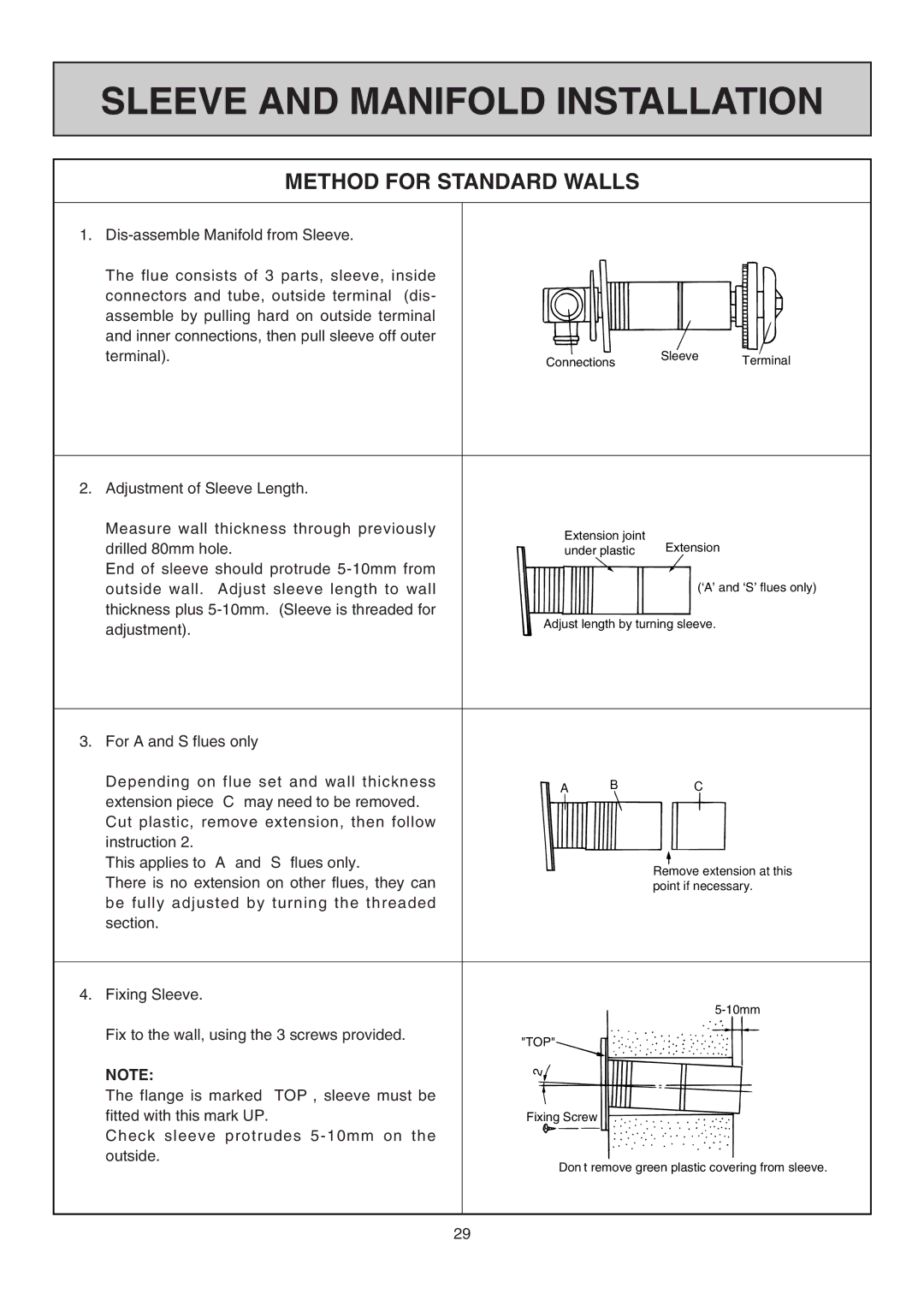 Rinnai RHFE-308 FTR user manual Sleeve and Manifold Installation, Method for Standard Walls 