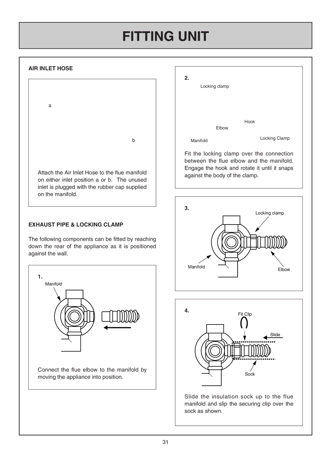 Rinnai RHFE-308 FTR user manual Fitting Unit, AIR Inlet Hose, Exhaust Pipe & Locking Clamp 