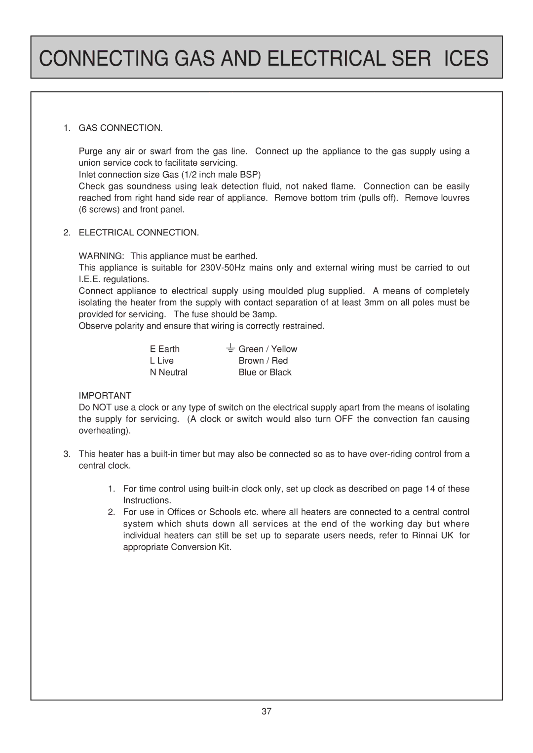 Rinnai RHFE-308 FTR user manual Connecting GAS and Electrical Services, Electrical Connection 