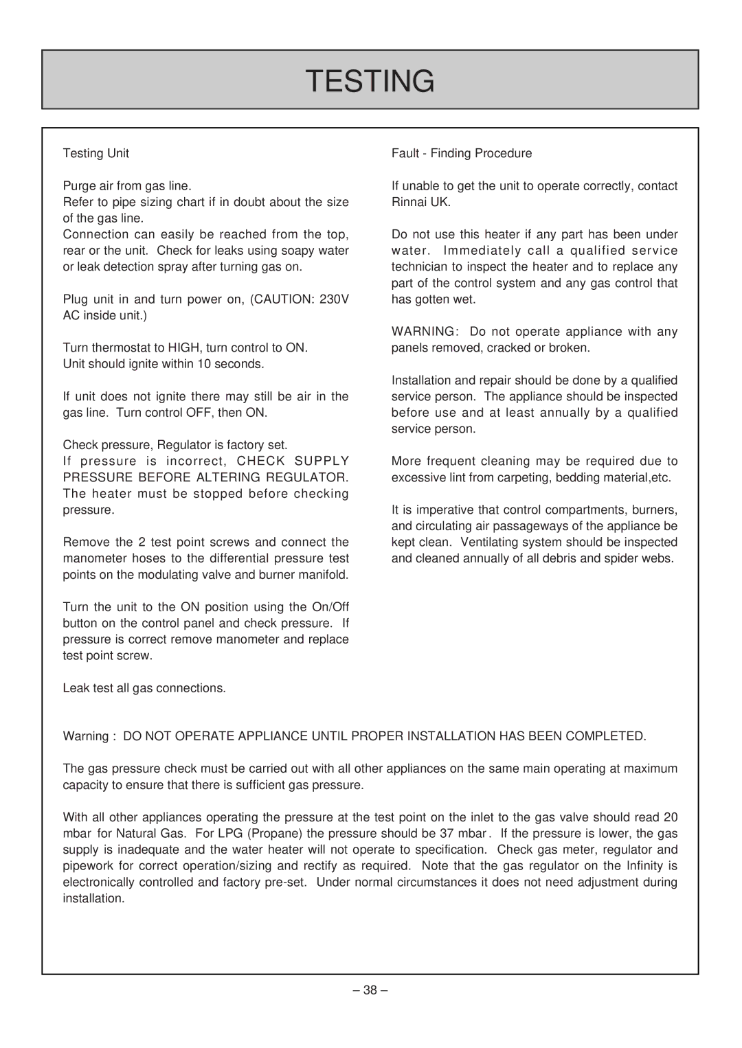 Rinnai RHFE-308 FTR user manual Testing Unit, Fault Finding Procedure 
