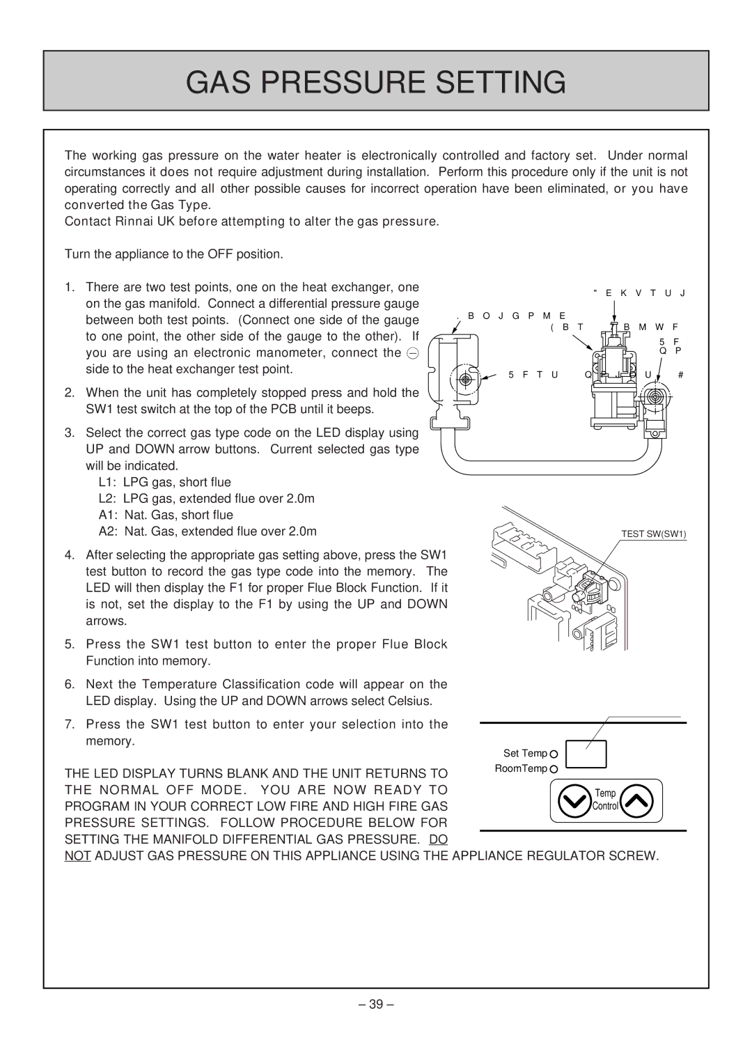 Rinnai RHFE-308 FTR user manual GAS Pressure Setting 