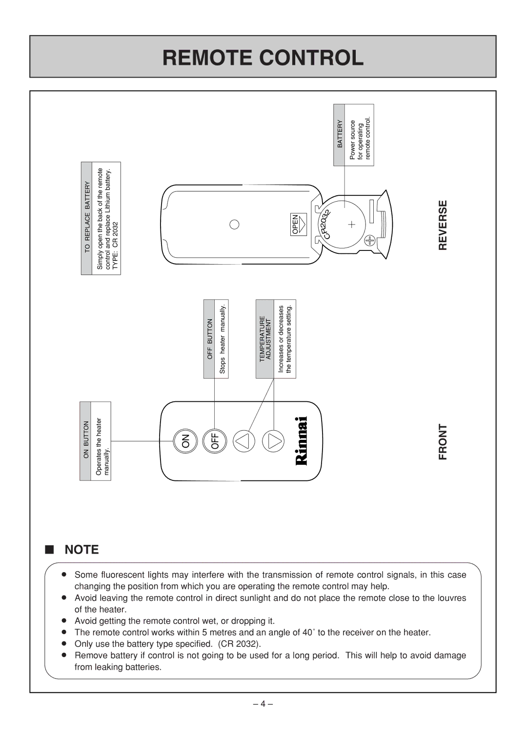 Rinnai RHFE-308 FTR user manual Remote Control, Off 